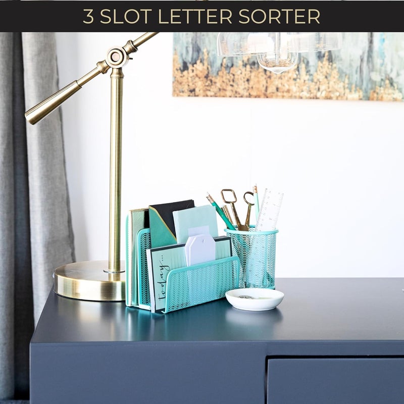 Blu Monaco Aqua Metal Mesh Letter Sorter for Desk| Modern Desk Organizer | Space-Saving Vertical Mail Holder | Office & Home Paper Organizer | Outgoing Mail Holder - Image 4